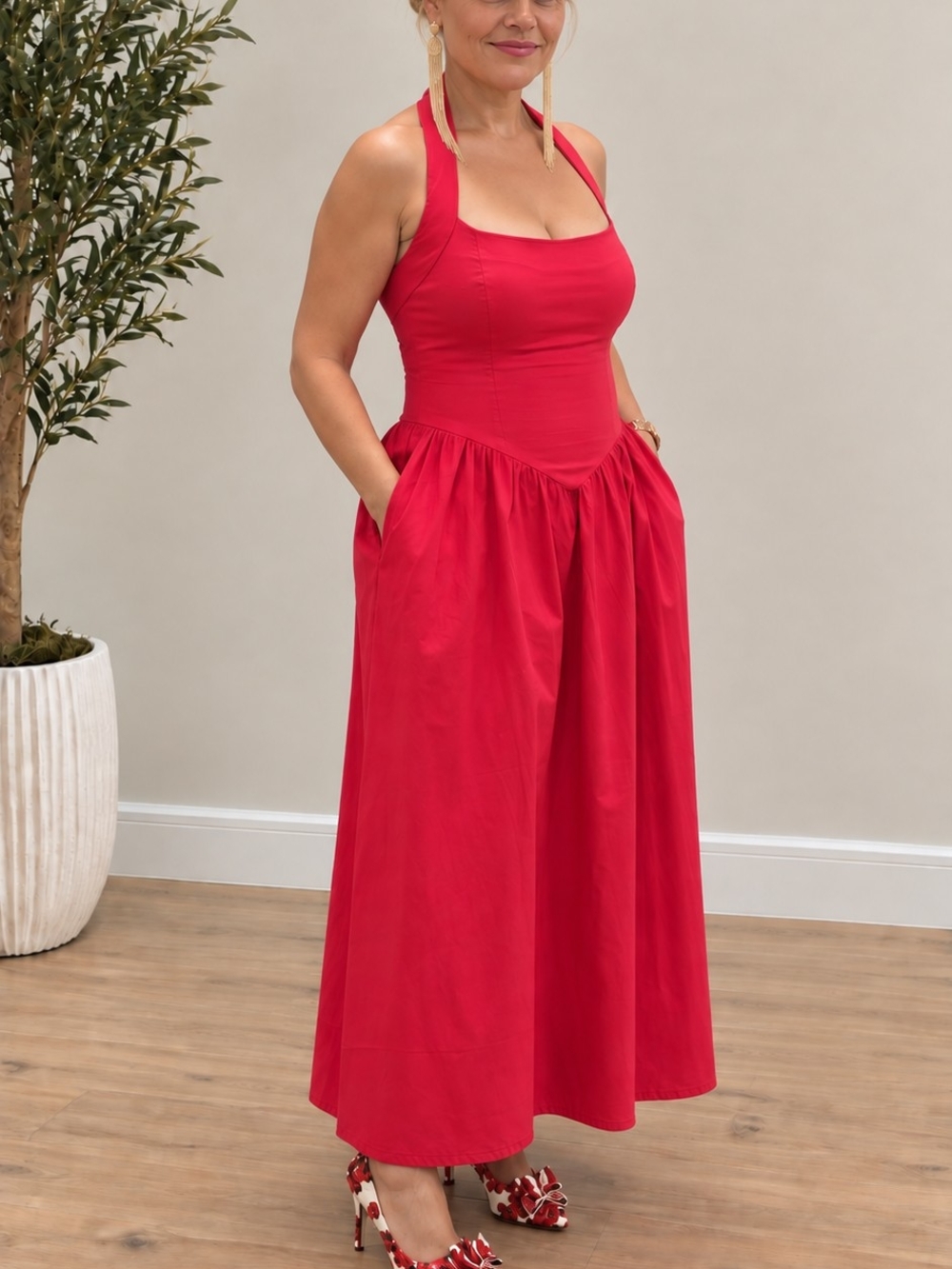 Strap Halter Red Asymmetrical Midi Dress with Pockets